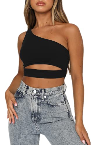 Sucor One Shoulder Ärmellos Crop Tops Sommer Kurz Oberteil Trägershirt Camisole Strandtops Tanktop Damentops(S,DJBX2) Cover