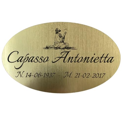 Placa conmemorativa personalizada para difuntos, querido extinto, lápida, loculo o tumba – Placa funeraria personalizada efecto oro cepillado con Cristo en oración y grabado con láser