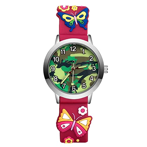 Reloj de niña Moda Dibujos Animados Camuflaje Estilo Estudiante Niñas Niños Cuarzo 3D Silicona Relojes de Pulsera Relojes para niñas (Color : Burgundy)