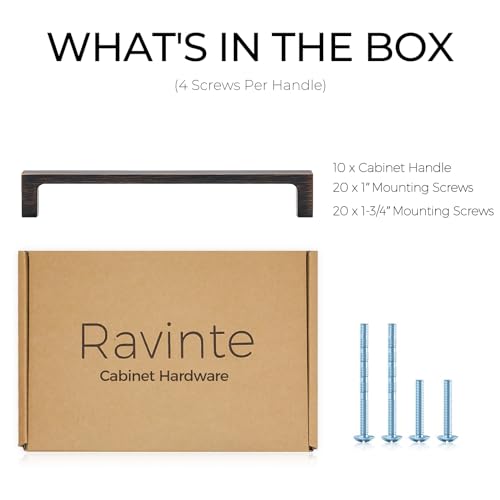 Image of Ravinte Oil Rubbed Bronze Cabinet Handles Kitchen Pulls 6-1 /4 Inch 10 Pack | Square Design, Solid Zinc, Modern Slim Style, Screws Included, Easy Installation, for Kitchen Drawers & Cupboards