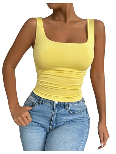 SOLY HUX Women's Summer Sleeveless Square Neck Tank Top Ruched Slim Fit Basic Vest Tops