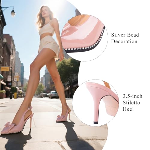 Women's Slingback Heels with Bow Sexy Pointed Toe Beaded Pumps Cute Stiletto Heel with Buckle Strap Dress Shoes for Dating Party Wedding Work3
