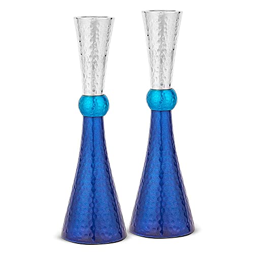 Zion Judaica Classic Candlestick Holders Set of 2 - Anodized Metal Hammered Finish - Fits Thick Tapered and Shabbat Candles - Blue Tones and Silver by Zion Judaica Ltd - Used condition - US$22.56