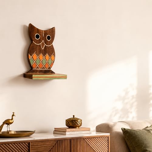 Image of AAKRITI ART CREATIONS Handcrafted Wooden Brown Tribal Art Owl Shelf | Modern Art Mango Wooden Shelves Wall Decor Shelf | Matte Finish Decorative Wall Hanging for Living Room, Entryway & Gifting