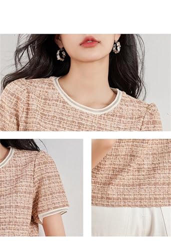 Women Tweed Plaid Round Neck Short Sleeve T Shirt Elegant Slim Fit Sexy Sweater2