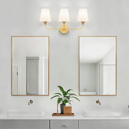 Image of Bathroom Vanity Light, Brushed Gold Bathroom Lighting Fixtures Over Mirror | 3-Light Bathroom Light Fixtures with Flared White Fabric Shade, E26 Socket (ETL Listed)