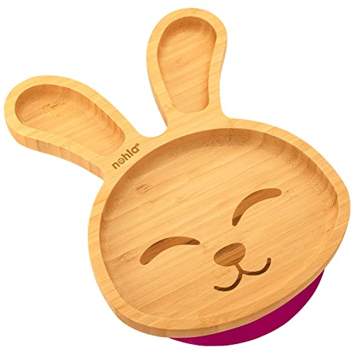 nohla ® Assiette en bambou pour bébé Bunny pour enfants et tout-petits - Non toxique - Assiette en bambou à ventouse - Sans BPA - Cerise Cover