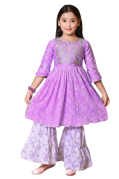 Image of Nfashion Kids Ethnic Wear Cotton Floral Printed Angrakha Kurta Sharara Set For Girls