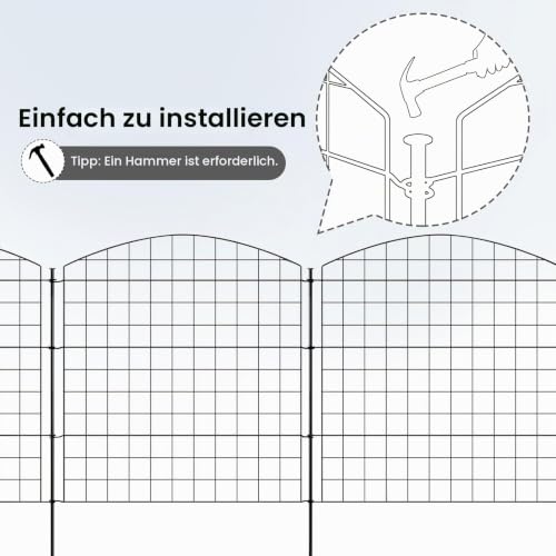 WOLTU Teichzaun Gartenzaun Komplettset 78cm hoch, 10 Zaunelemente 11 Befestigungsstäbe, Steckzaun Metall, Gitterzaun Oberbogen, Zaun für Hunde, Schwarz