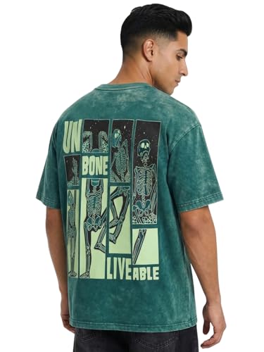 Image of Veirdo Heavy GSM Pure Cotton Men's Graphic Print Oversized Fit Half Sleeve Round Neck Cotton Acid Wash Print T-Shirt in Different Colors with Sizes ranging from S to 2XL.