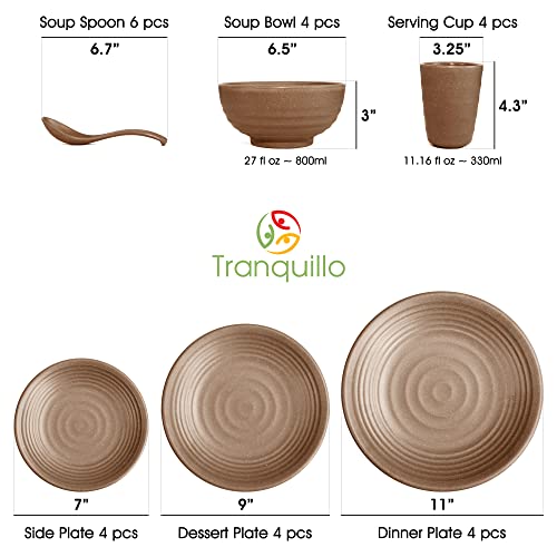 Tranquillo Dinnerware Set For 4 - Unbreakable Melamine 26-Piece Lightweight Plates, Dishes, Bowls Dishwasher Safe Tableware Set For Dining - Dark Brown #TOP7