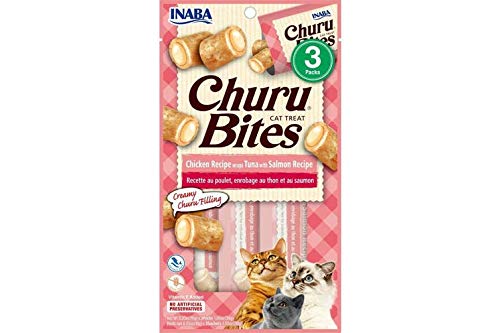 INABA Churu Bites for Cats, Grain-Free, Soft/Chewy Baked Chicken Wrapped Cat Treats with Savory Churu Centers, 0.35 Ounces Each Tube|3 Tubes Total,