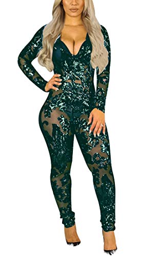 Aro Lora Women's Sexy Deep V Neck Sequin See Through Bodycon Long Pant Jumpsuit Romper X-Large Green