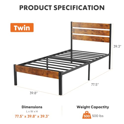 Image of OLIXIS Twin Platform Bed Frame with Wooden Headboard and Footboard, Heavy Duty Metal Slat Mattress Base, 500 LBS Weight Capacity, Sturdy Stable Structure, No Box Spring Needed, Quick Simple Assembly