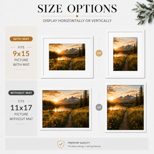 Image of JCJMY 11x17 Picture Frame with 9x15 Mat, White 11 x 17 Poster Frame with Shatter Resistant Plexiglass, Display 9 x 15 with Mat or 11 by 17 Without Mat, Sturdy Wall Hanging Frame, 1 Pack