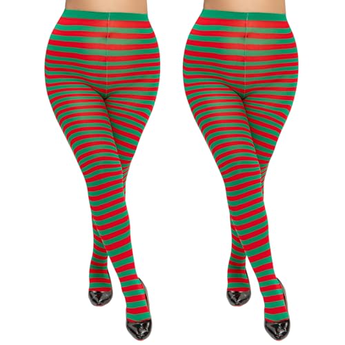 Image of MANZI 2 Pairs Women's Plus Size Colored Striped Tights 40D Nylon Striped Pantyhose for Halloween Christmas
