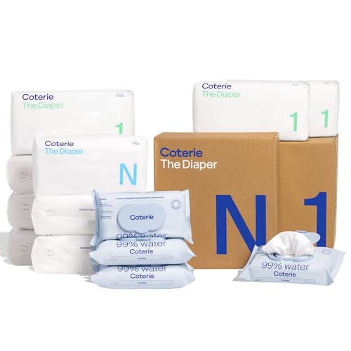 Coterie Baby Wipes + Diapers Kit, Size 1 (198 Count) & Size Newborn Diapers (93 Count), 4 Pack (224) Wipes with 99% Water, Plant Based Materials, Hypoallergenic for Sensitive Skin, Baby Essentials