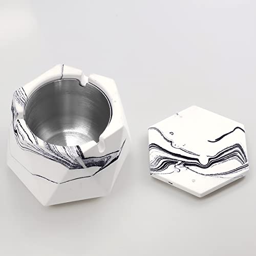Freelove Concrete Ashtray With Lid & Stainless Steel Ashtrays For Cigarettes, Accelerated Cement Ash Tray Raw Weed Smoking Holders Indoor Outdoor Patio Home Office Cool Geometry Decor, White Marble B #TOP3