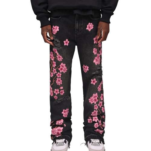 Men Floral Embroidered Ripped Jeans Vintage Distressed Baggy Straight Leg Denim Pants Hip Hop Trousers Streetwear