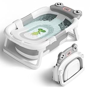 Baby Bathtub, Collapsible Newborn Bathtub for Infant to Toddler 0-24 Months with Soft Cushion and Thermometer,Portable Travel Newborn Tub with No-Slip Feet, Baby Shower Gifts,Grey