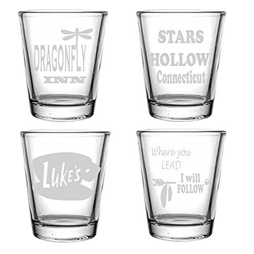 Brindle Southern Farms Engraved Gilmore Inspired 1.5 Ounce Shot Glass Set of Four: Stars Hollow, Luke's Diner, Where You Lead I Will Follow, Dragonfly Inn, Clear Glass