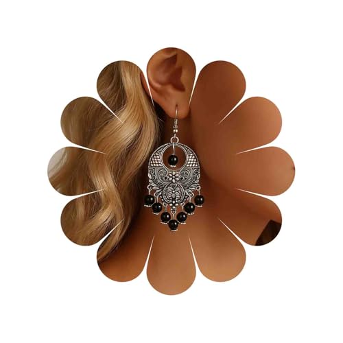 Katshdan Boucles d'oreilles gitane pour femme - Boucles d'oreilles ethniques gitane - Désir indien Chandbaali - Boucle d'oreille en argent - Perle lustre - Gland - Perle noire - Crochet d'oreille