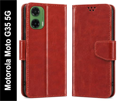 Image of SBMS Flip Cover for Motorola Moto G35 5G Back Cover Case with Magnatic Closure | Inbuilt Stand | Card & Money Pocket (Brown)