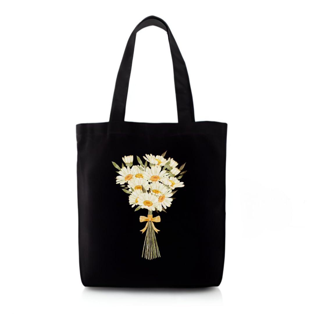 Toteaa Daisy Bouquet Black Tote Bag | Floral Printed Cotton Bag for Women | Zipper | 13x14.5 in-picture-14