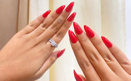 Image of Classic Red Glossy Press On Nails | Almond Shape Fake Nails | Reusable Stick On Nails for Women | Salon Finish (24 Pcs Nail Kit)