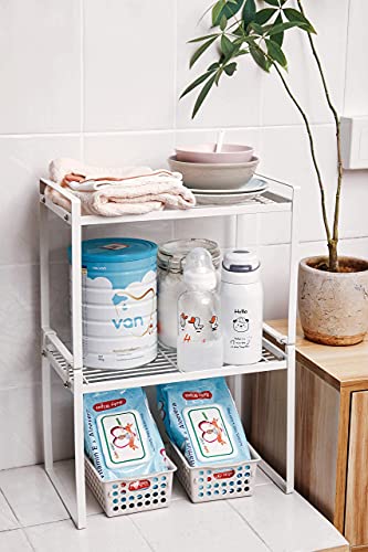 Shantton 2Pk Kitchen Cabinet Shelf Counter Organizer Rack Pantry Storage Bathroom Bedroom Office Table Desk Space Saving Steel Frame Stackable Rust Resistant Non Slip White-Tall- L13In W8.3In H9.5In #TOP7