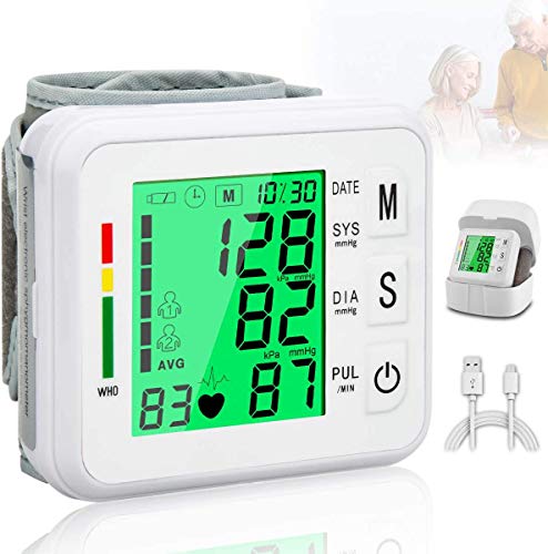 Topffy Blood Pressure Monitor,Automatic BP Machine Wrist Digital BP Cuff Large Tri-Backlit Rechargeable Pulse Rate Monitoring Meter 99 * 2 Reading Memory Wrist Blood Pressure Monitor for Home Use
