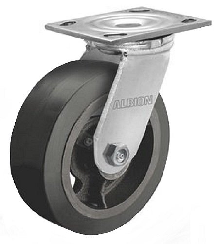 Albion 16MR08201S 8" Diameter Moldon Rubber on Cast Iron Wheel Medium Heavy Duty Swivel Caster, Roller Bearing, 4-1/2" Length x 4" Width Base Plate, 600 lb. Capacity Range