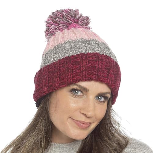 Bonnet tricoté à rayures torsadées A2Z avec pompon et doublure polaire Sherpa pour femme
