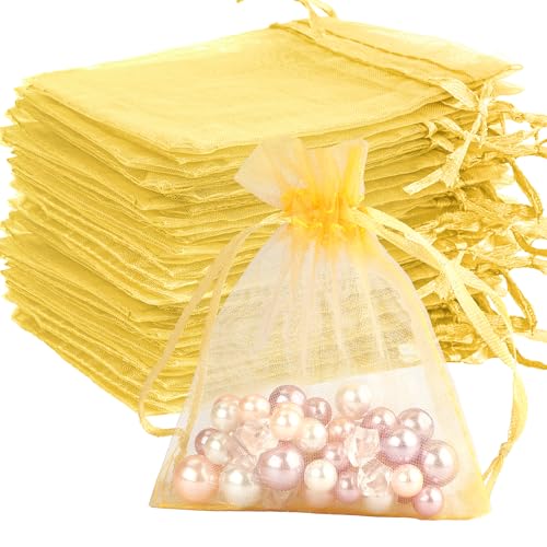 Image of Organza Bags, Gold Organza Bags, 100Pcs, Sheer Organza Bags 3 x 4 inch, Jewelry Gift Bags, Party Favor Bags with Drawstring, Mesh Gift Pouches Mini Candy Bags for Wedding Birthday Party