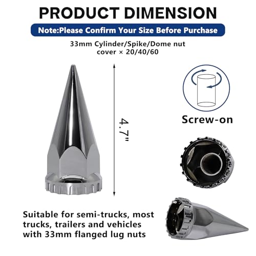 Image of Spike Lug Nut Covers 33mm x 4 3 /4 inch Thread-on Spike Top ABS Chromed Lug Nut Caps for Semi Trucks Wheel (40PCS)