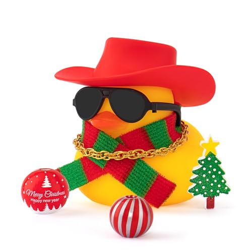 wonuu Christmas Rubber Duck, Mini Ducky with New Year Accessories Tree Ball Sunglasses Necklace for Festival Gift Xmas Decoration Car Dashboard Ornament, Plaid Knitted Scarf-Red Cowboy Hat
