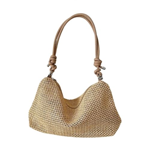 Large Capacity Rattan Handbag Cute Handmade Braid Shoulder Bag Summer Beach(Khaki)