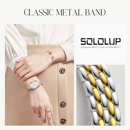 SOLOLUP Slim Metal Band Compatible With Apple Watch Bands for Women Series 11 10 9 8 7 6 5 4 3 SE 3/2/1,Thin Dressy Stainless Steel Strap Elegant Band for iWatch Bands 38mm 40mm 41mm 42mm,Silver-Gold - image 2