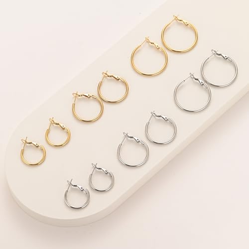 6 Pairs Gold Silver Hoop Earrings for Women, 14K Gold Plated Stainless steel Hoop Earring for Women, Lightweight Hypoallergenic Dainty Hoop Earrings Set4