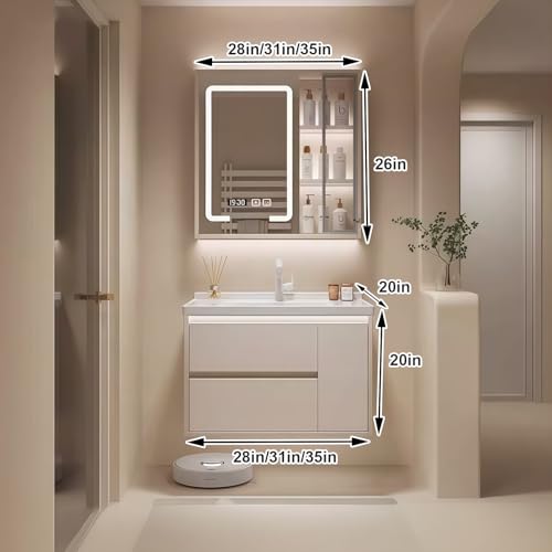 Modern Wall Mounted Floating Bathroom Vanity with Integrated Ceramic Sink, No Assembly Required, Hanging LED Intelligent Lighted Sensor and Demisting Mirror, Cabinet Spaces