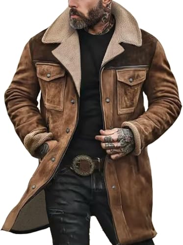 Men's Western Vintage Suede Jacket Real Leather Plush Collar Over Coat Party Handsome Retro Tops3