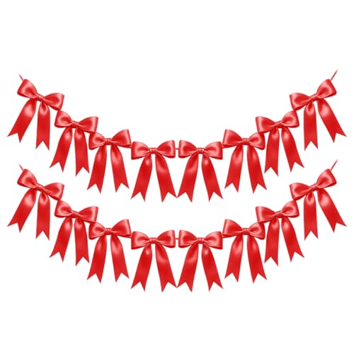 Image of 2 Strings of 16PCS Red Bow Garlands Banner Decoration,Pre-Strung Satin Ribbon Ornaments for Birthday,Bachelorette Party, Bridal Shower,Wedding,Engagement, Baby Shower,Graduation Decor,Valentine's Day