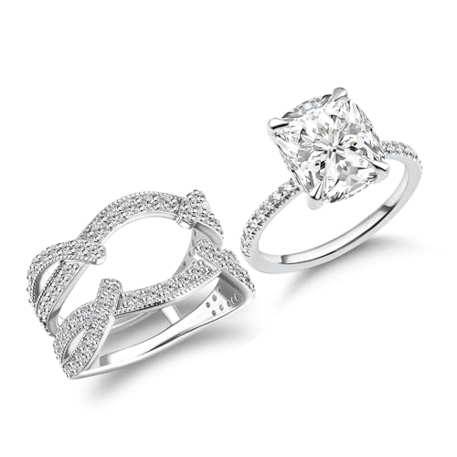 4 Carat Cushion Cut Bridal Ring Set, S925 Sterling Silver 5A CZ Insertable Engagement Ring & Enhancer Bands Set