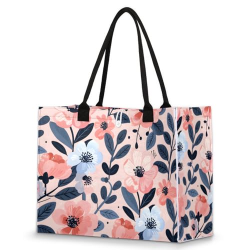 Pink Flowers Blue Leaves Tote Bag for Women Large Beach Bag Reusable Tote Bags for Work Travel Beach Shopping