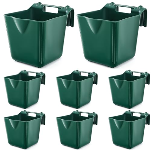 Image of Marsui 8 Pcs 15 Quart Horse Feeders for Stall Hook Over Hanging Fence Hay Feeder Mountable Livestock Plastic Feed Bucket for Farm Stalls Pasture, Stable to Feed Horses Sheep Cattle Cows Etc (Green)