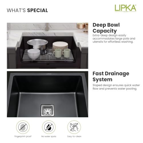 Image of LIPKA Quartz Kitchen Sink 24 x 18 x 9 Inches | Black Granite Single Bowl Sink | Quartz Sink for Modular Kitchen | Scratch & Heat Resistant | Kitchen Sink with Coupling, Waste Pipe & Vegetable Basket