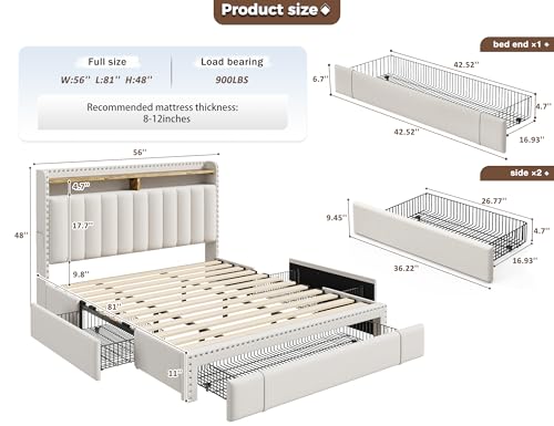 EnHomee Upholstered Full Bed Frame with 3 Storage Drawers, 2-Tier Storage Headboard, Platform Bed Frame with Wooden Slats Support, No Box Spring Needed, Beige
