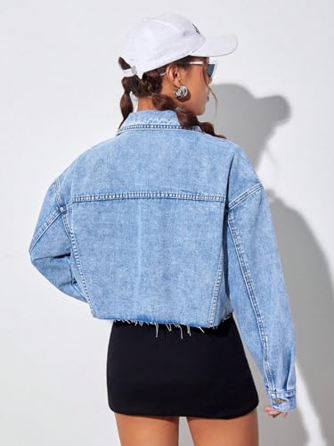 MakeMeChic Women's Casual Long Sleeve Raw Hem Jean Jacket Button Down Crop Denim Jacket2