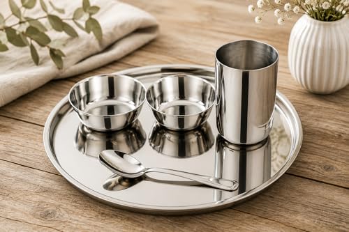 Image of Stainless Steel Dinner Set for 1 Person | 5 Piece Thali Set with Plate, Bowls, Glass & Spoon | Mirror Finish Serving Dinnerware Combo for Home & Restaurant