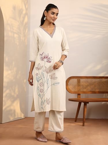 Image of Libas Embroidered Cotton Blend Straight Kurta Set for Women | ethnic wear | bridal suit | wedding dress | occasion wear